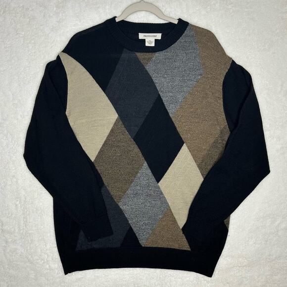 Pronto Uomo Other - Pronto Uomo Argyle Wool Sweater Black Tan Gray Diamond Print Pullover Size XL